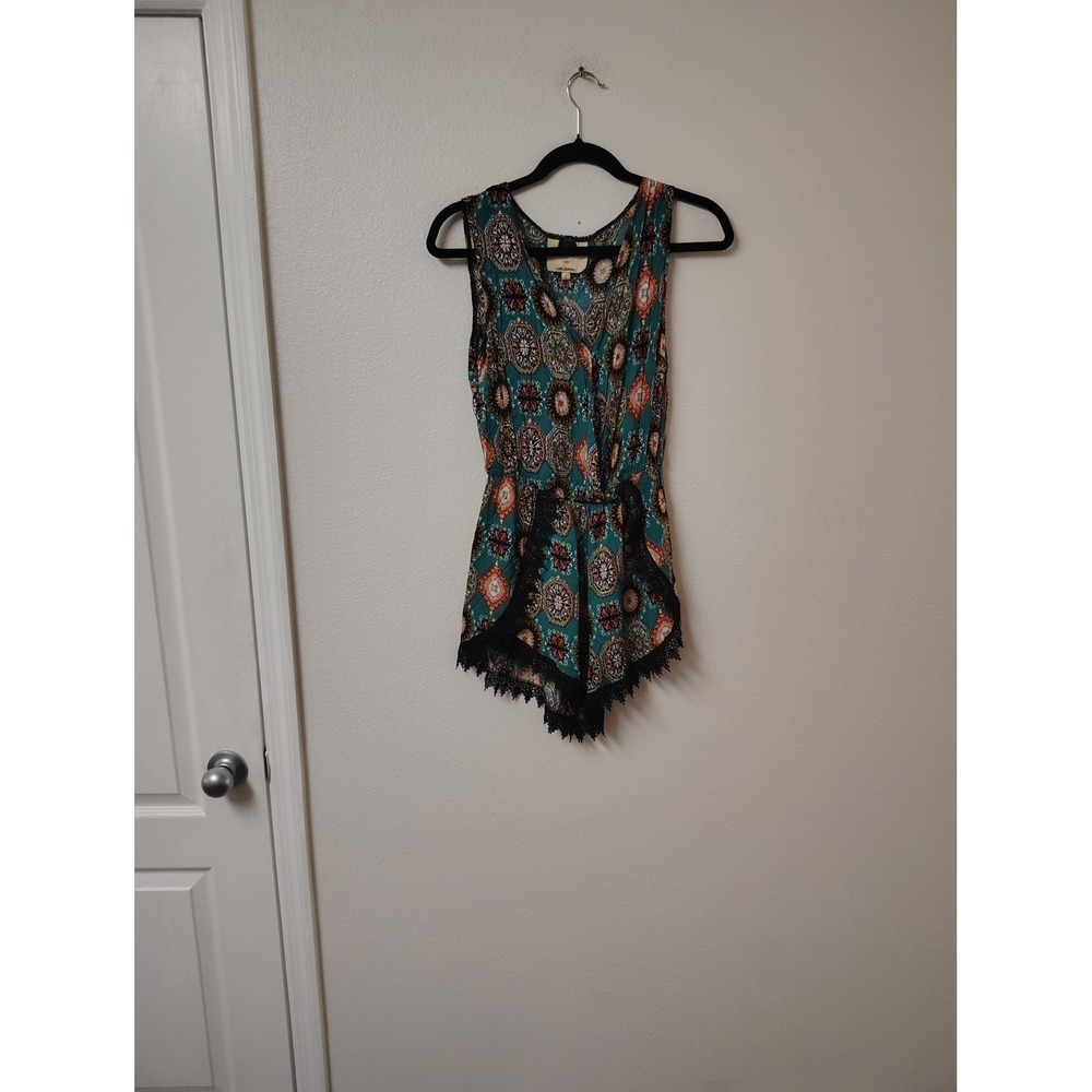 Girl Evolution Teal Boho Medallion Print Romper with Black Lace Trim Womens L